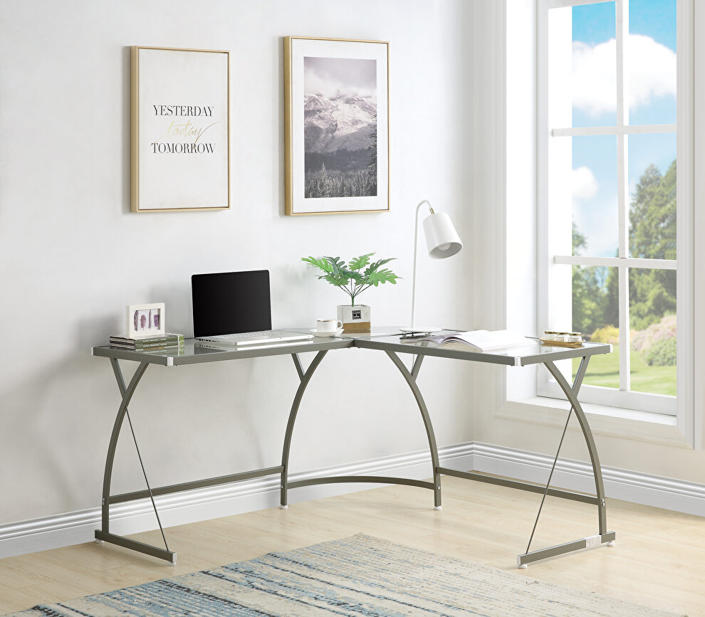 Clear glass top & silver finish metal base corner computer desk by Acme
