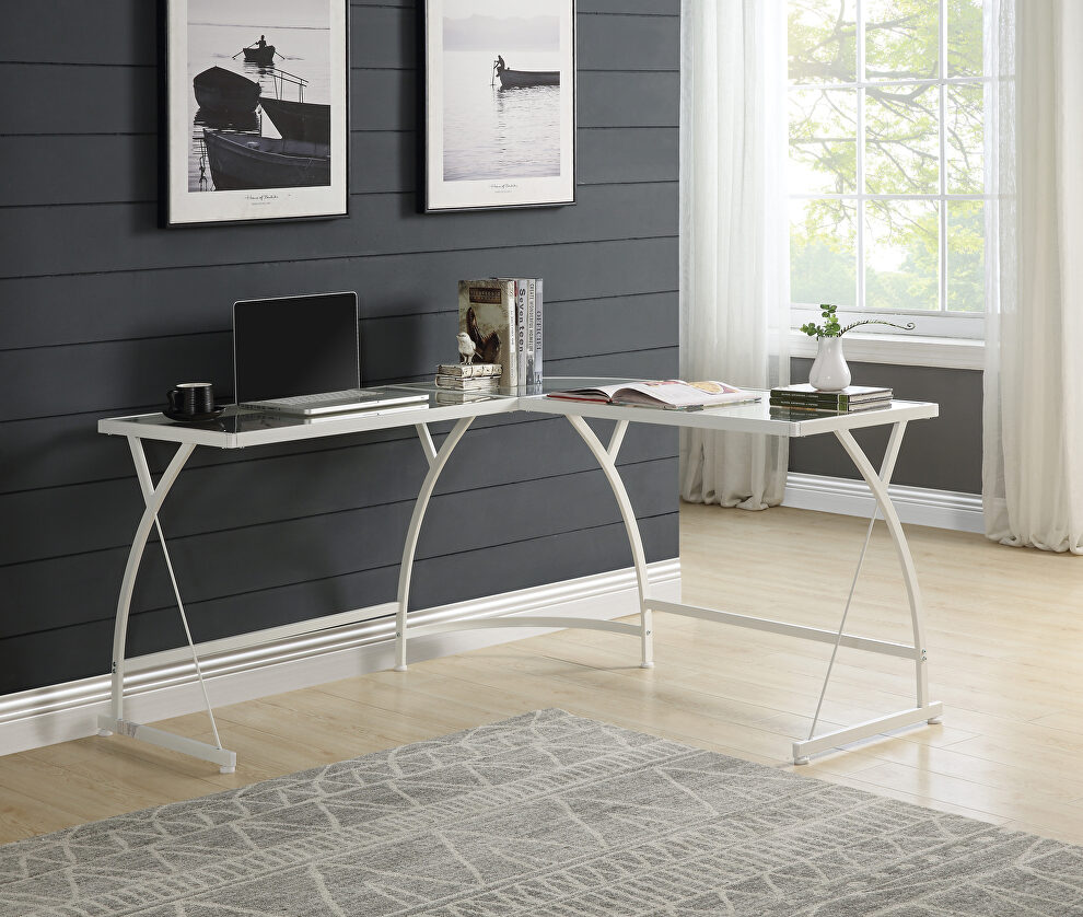 Clear glass top & white finish metal base corner computer desk by Acme
