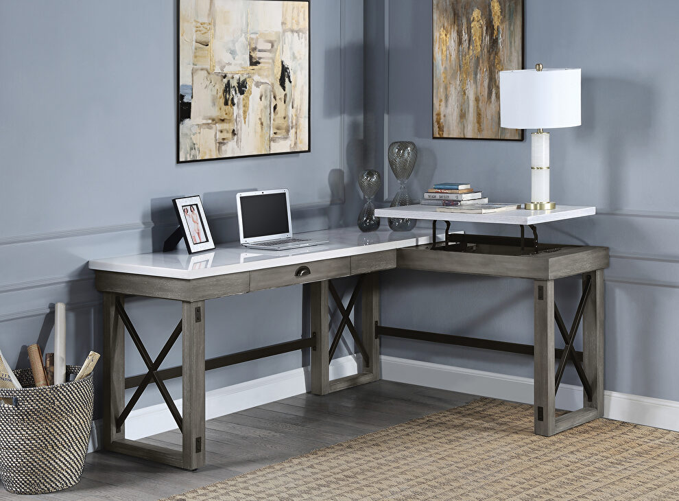 Marble top & weathered gray finish left top l-shape writing desk w/ lift top by Acme