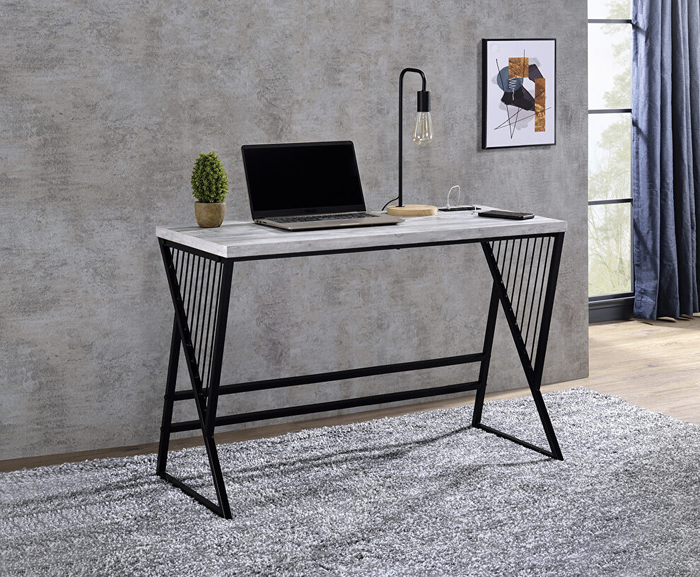 Weathered gray finish top & black metal base writing desk w/ usb port by Acme