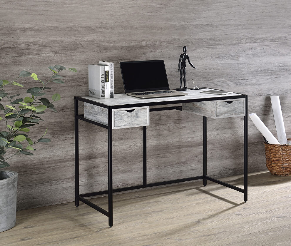 Weathered gray top & black finish metal base writing desk w/ usb port by Acme