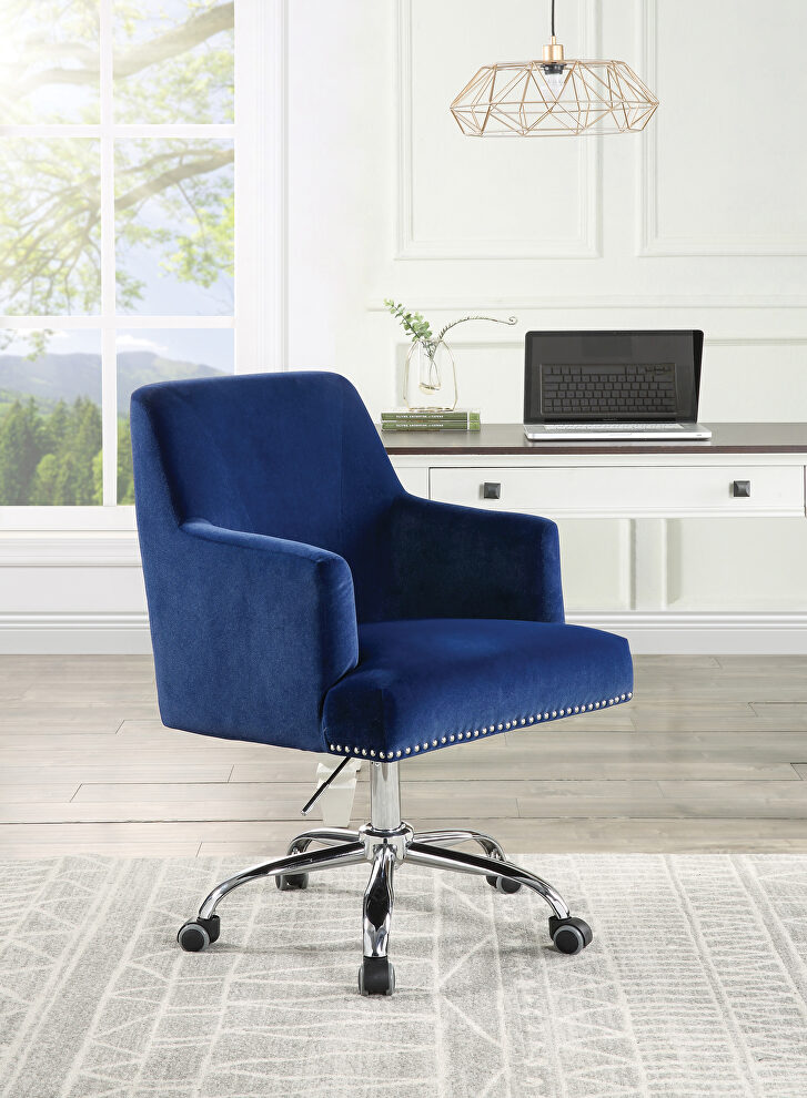 Blue velvet upholstery & chrome finish metal base office chair by Acme