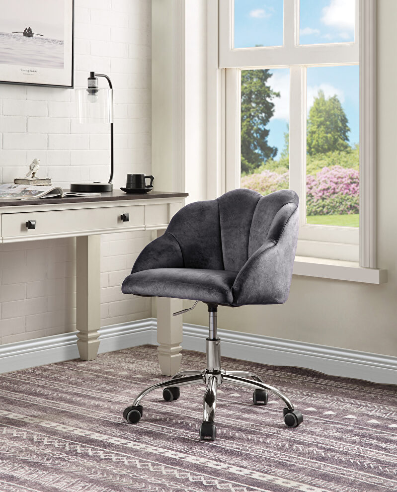 Dark gray velvet upholstery & chrome finish base barrel office chair by Acme