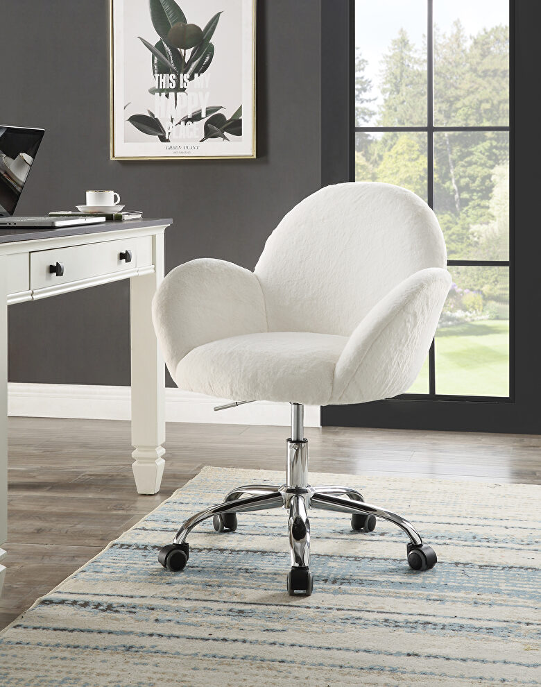 White lapin upholstery & chrome finish base barrel office chair by Acme