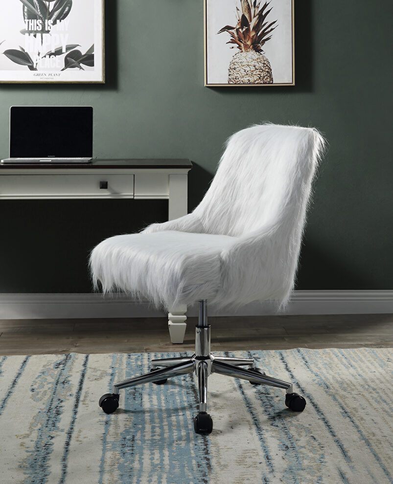 White faux fur padded seat & back & gold finish base office chair by Acme