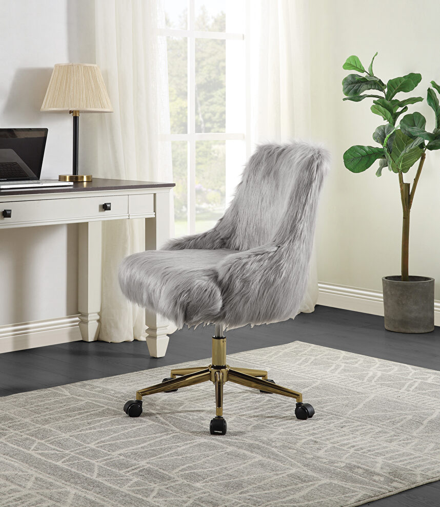 Gray faux fur padded seat & back & gold finish base office chair by Acme