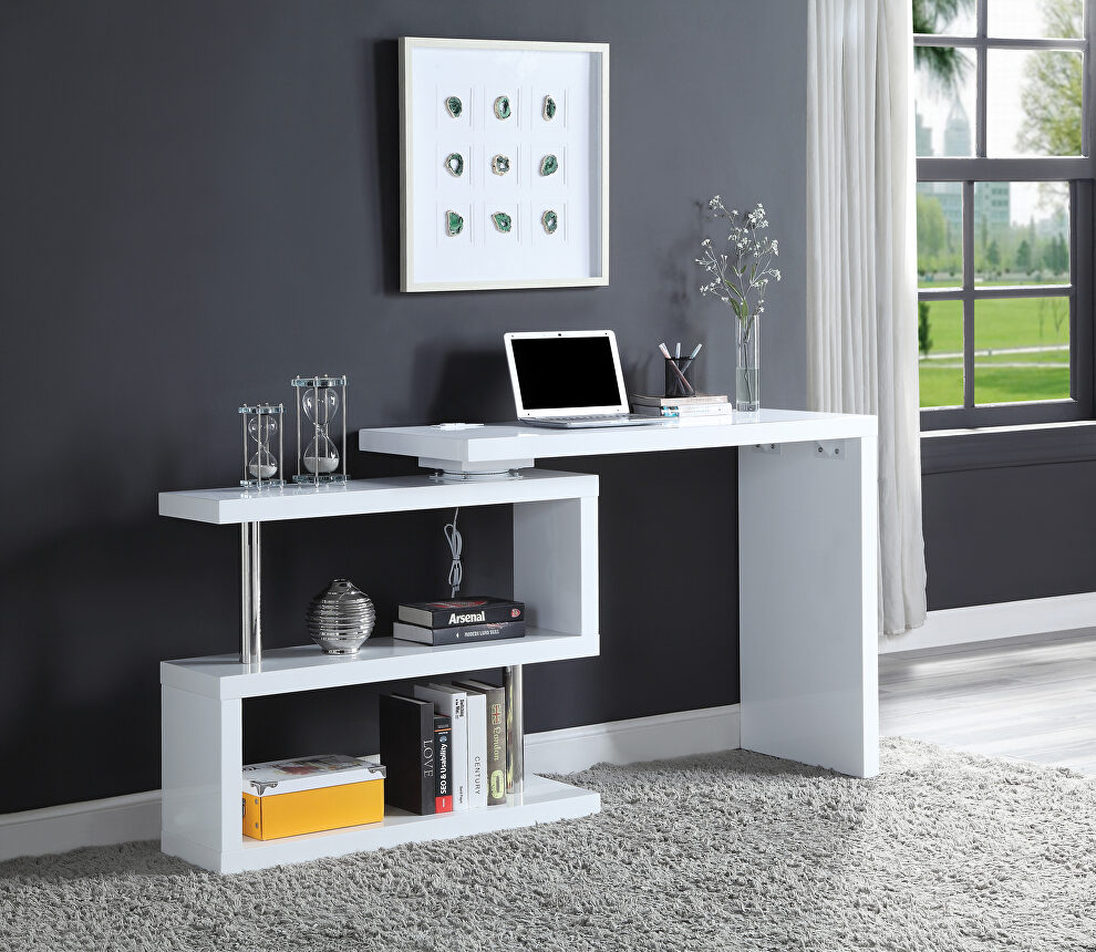 White high gloss finish swivel writing desk with usb port by Acme