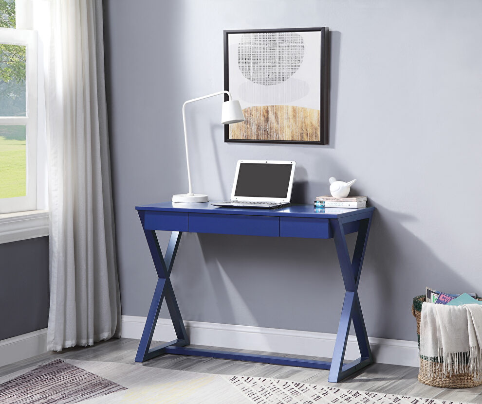 Twilight blue finish x-shape wooden base rectangular writing desk by Acme
