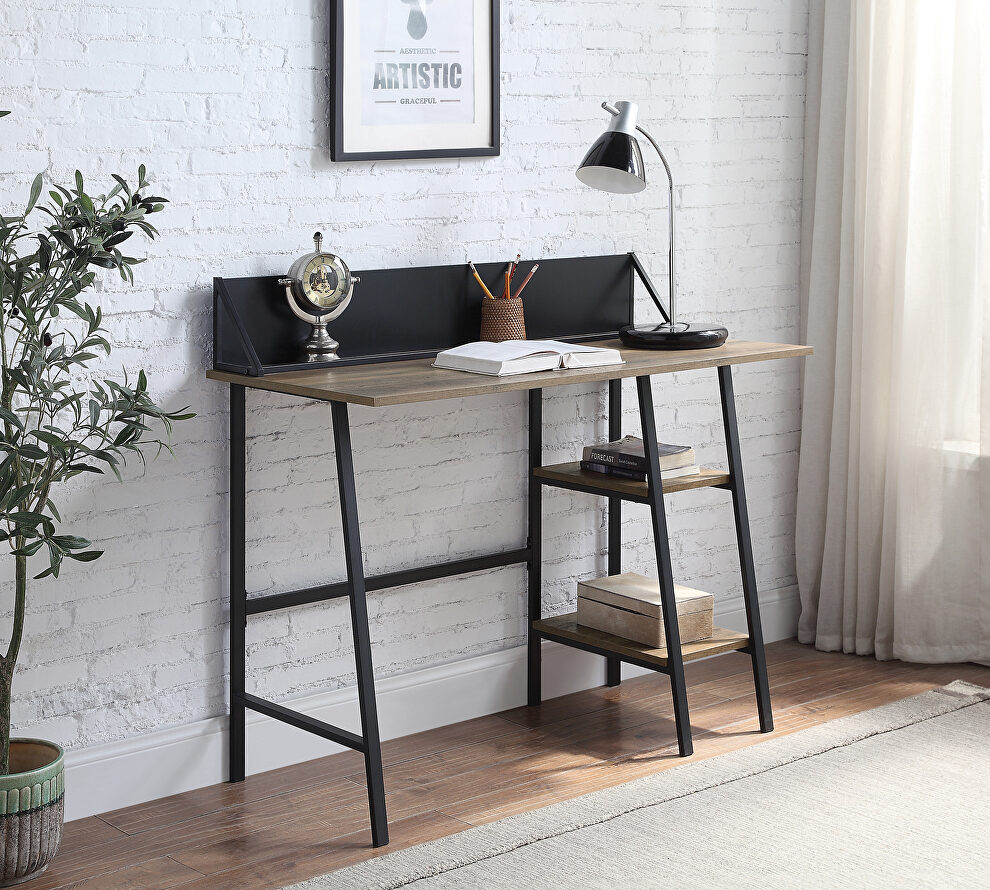 Rustic oak rectangular top & black finish base writing desk by Acme