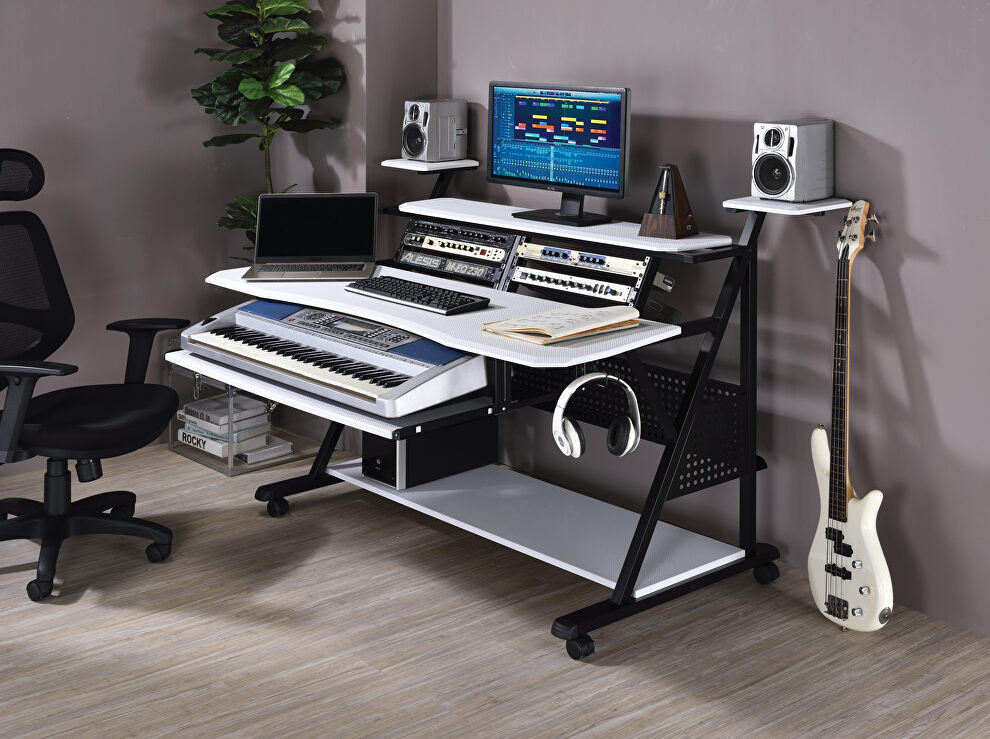 White & black finish rectangular music desk w/ caster wheels by Acme