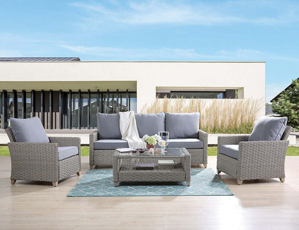 Gray fabric upholstery & gray finish wicker frame 4pc sofa set by Acme