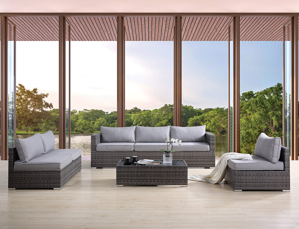Gray fabric upholstery & gray finish resin wicker frame 4 pc patio sofa set by Acme