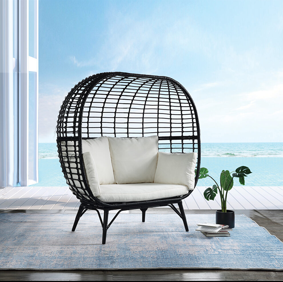 Cream fabric cushions and black finish wicker & metal frame patio chair by Acme