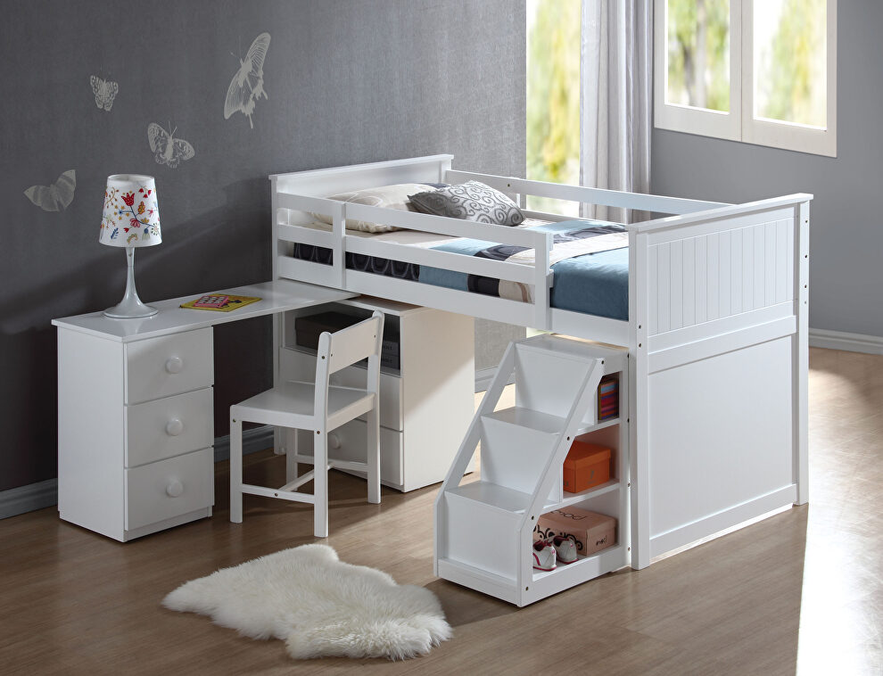 White loft bed, chest, desk & ladder by Acme