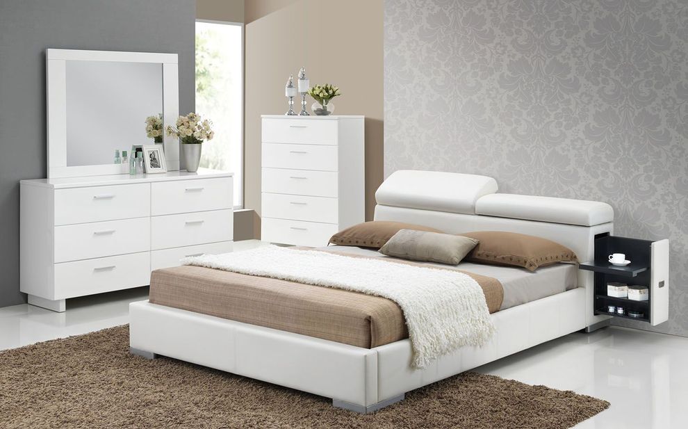 White  leather upholstered bed w/ pullout drawer by Acme