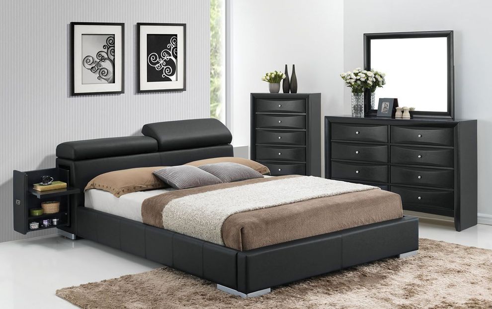 Black leather upholstered bed w/ pullout drawer by Acme