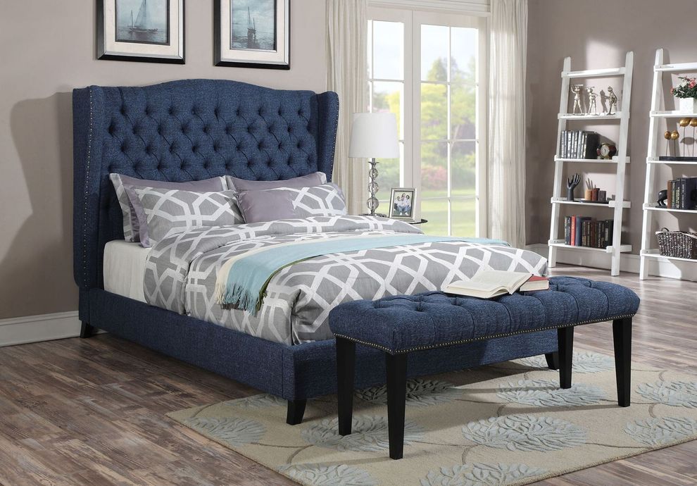 Tufted button headboard design blue fabric bed by Acme