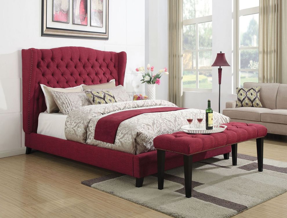 Tufted button headboard design red fabric bed by Acme