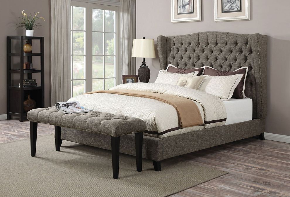 Tufted button headboard design gray fabric bed by Acme
