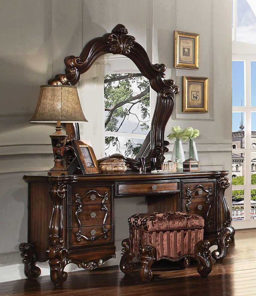 Cherry oak vanity desk, stool and mirror by Acme