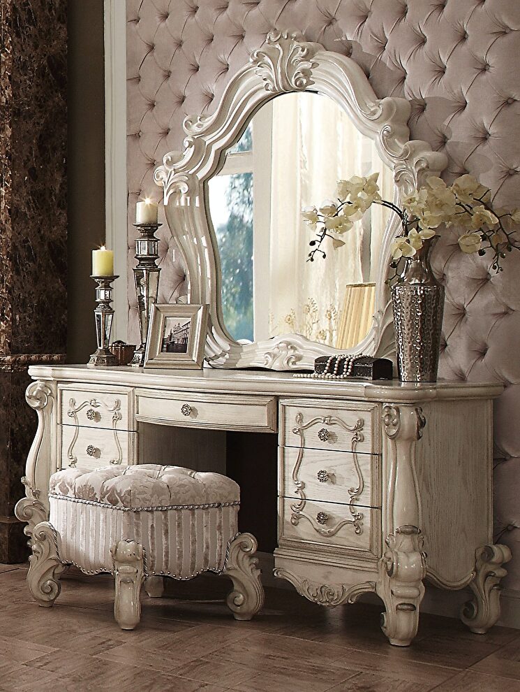 Bone white vanity desk, stool and mirror by Acme