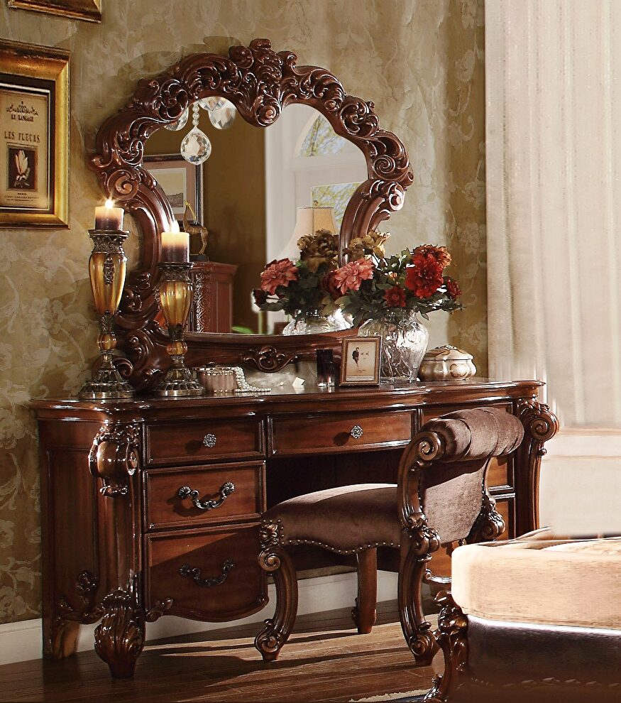 Cherry finish vanity desk, stool and mirror by Acme