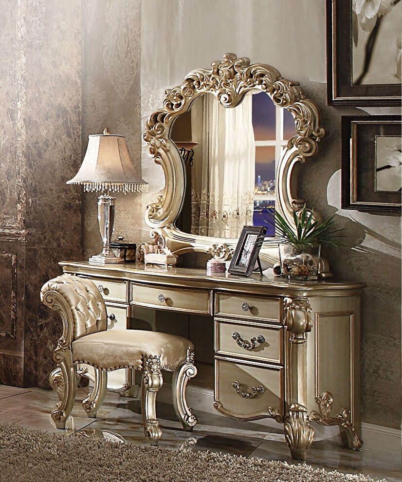 Gold patina & bone vanity desk, stool and mirror by Acme