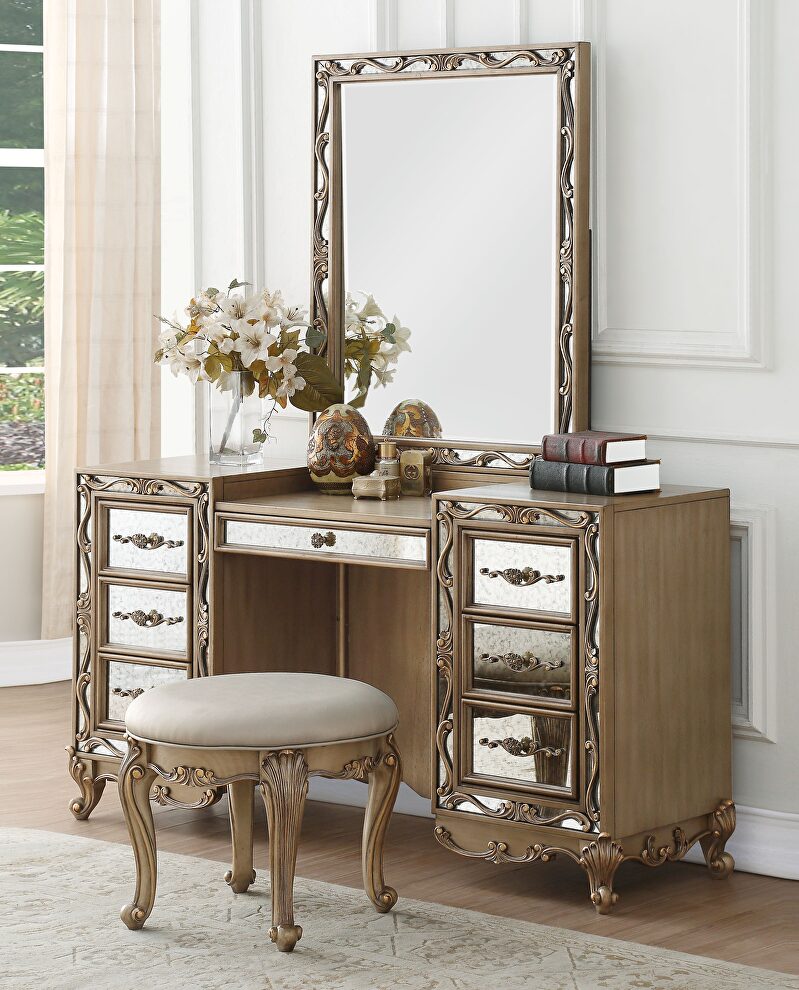 Antique gold vanity desk, stool and mirror by Acme