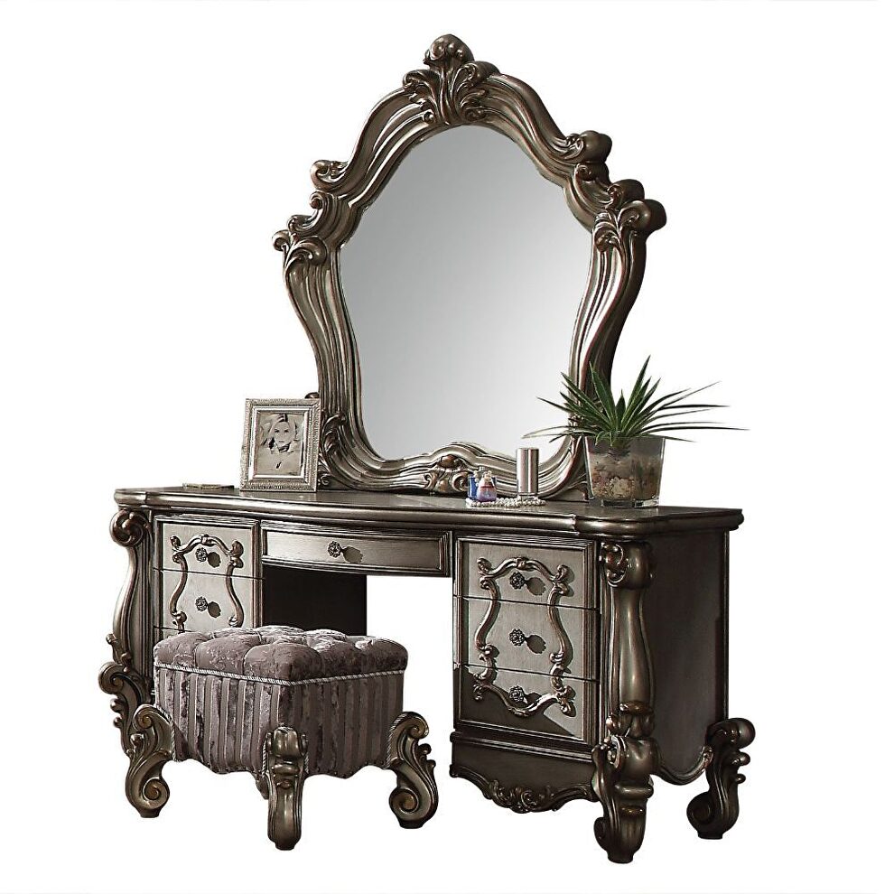 Antique platinum intricate wood carvings vanity desk by Acme