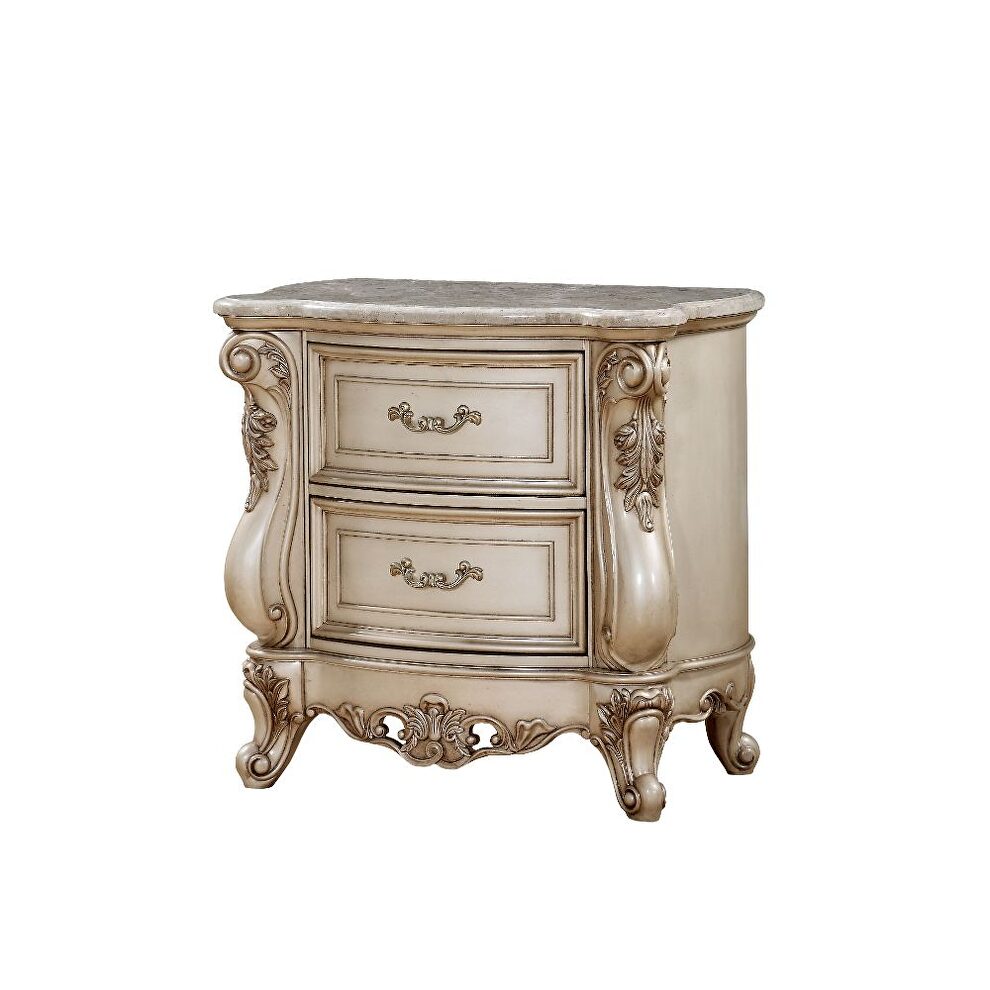 Marble & antique white nightstand w/marble top by Acme