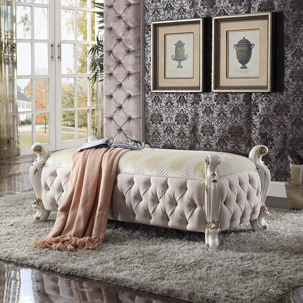 Fabric & antique pearl finish bench by Acme