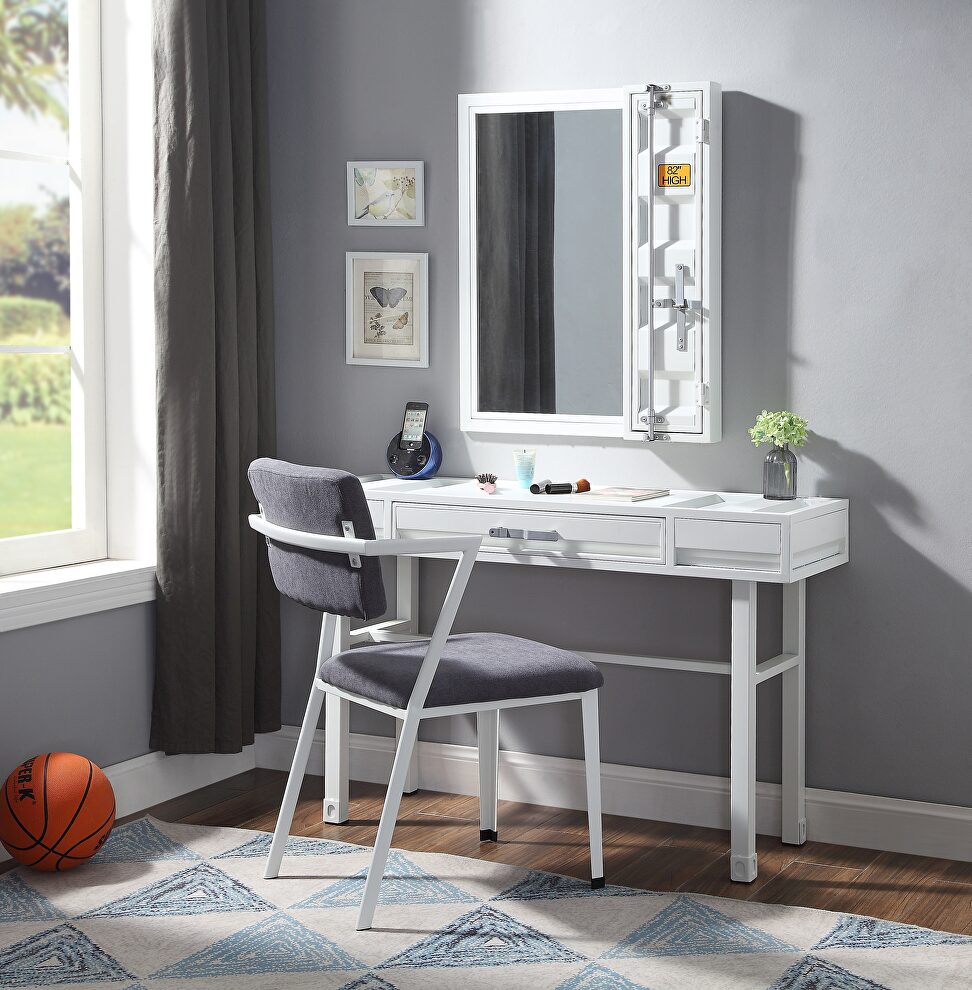 White finish vanity desk, chair and mirror by Acme