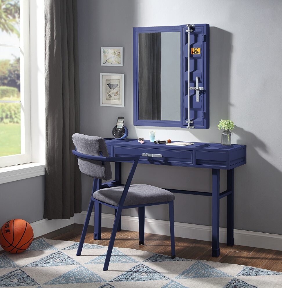 Blue finish vanity desk, chair and mirror by Acme