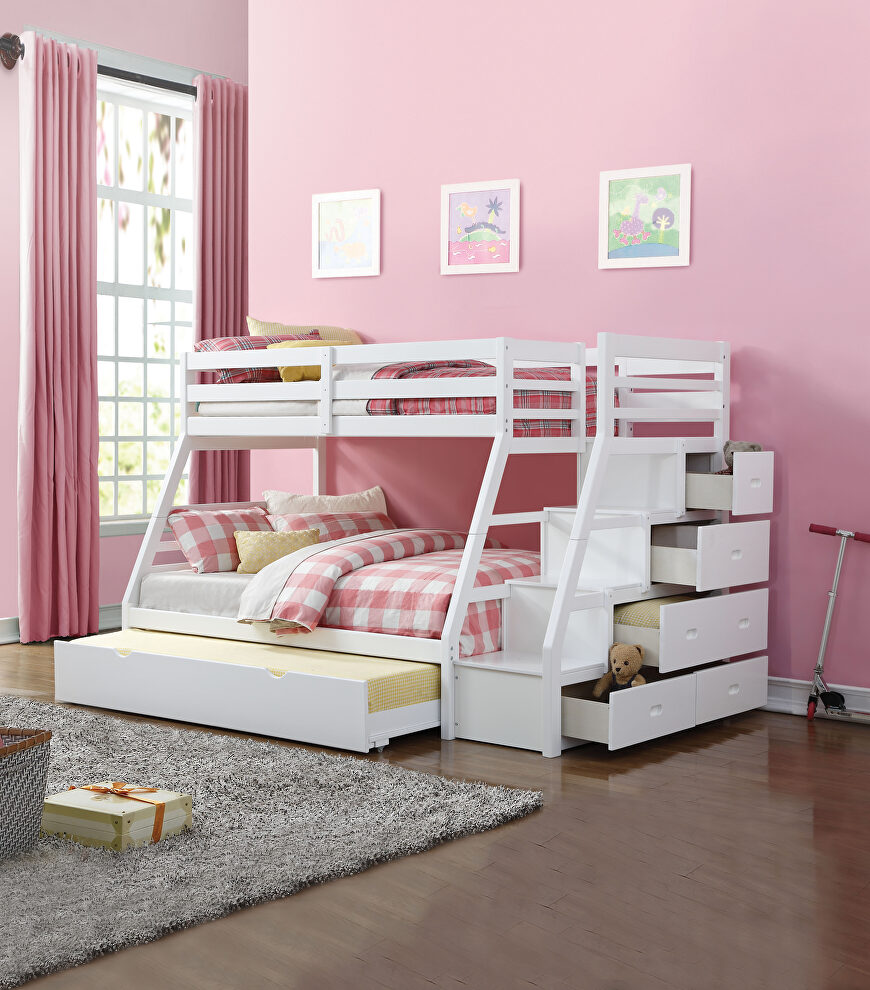 White jason twin/full bunk bed w/storage ladder & trundle by Acme