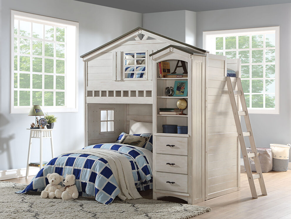 Weathered white & washed gray loft bed (twin size) by Acme