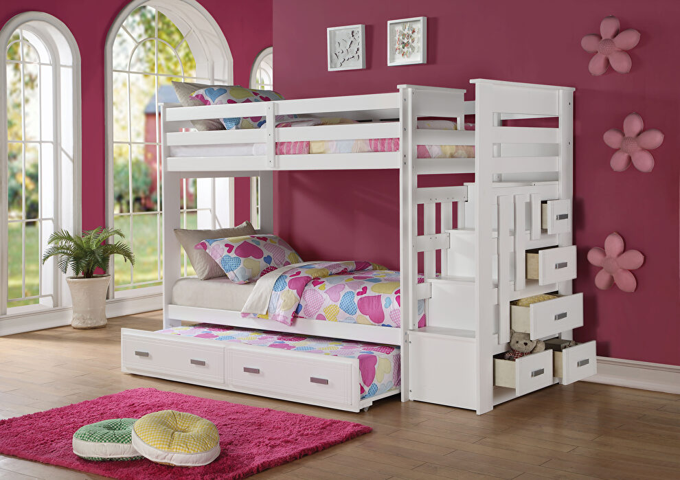 White twin/twin bunk bed w/storage ladder & trundle by Acme