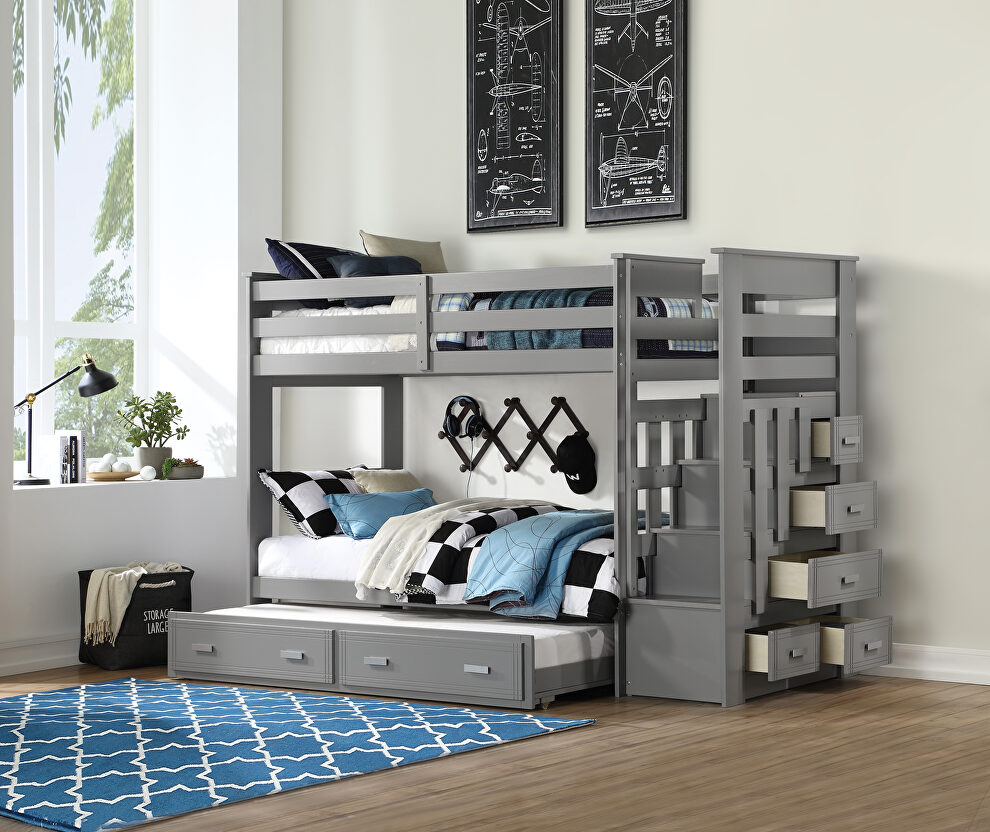 Gray twin/twin bunk bed w/storage ladder & trundle by Acme