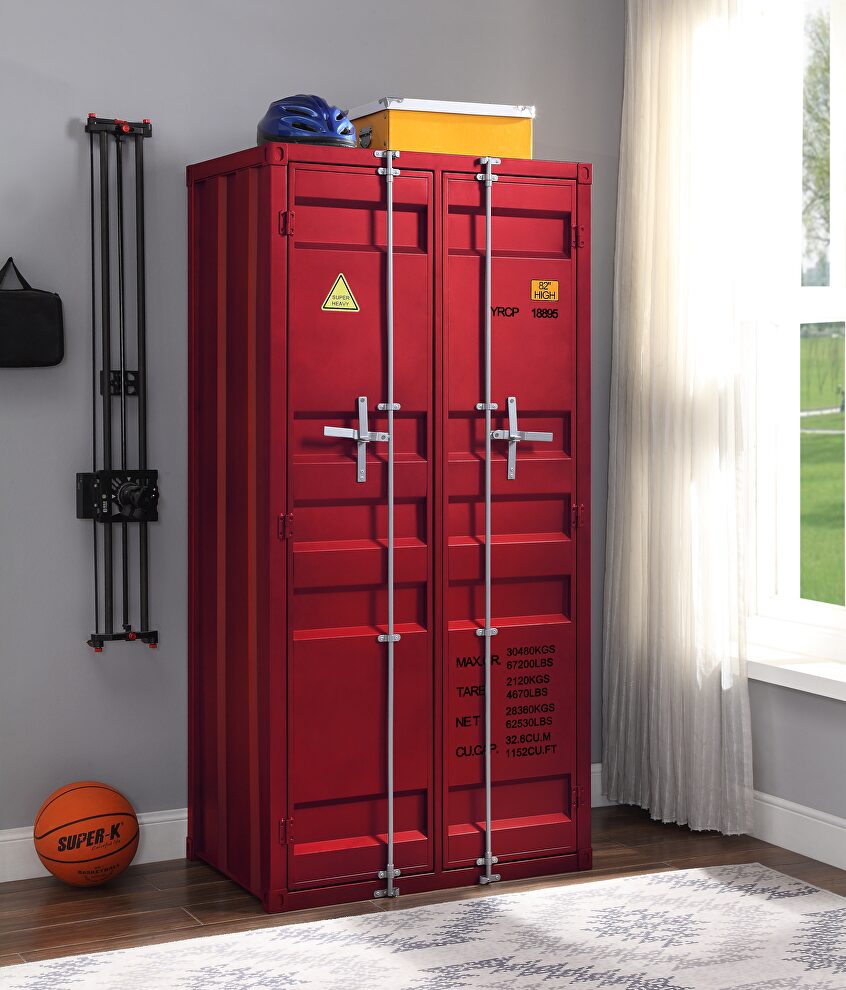 Red finish wardrobe in cargo style by Acme