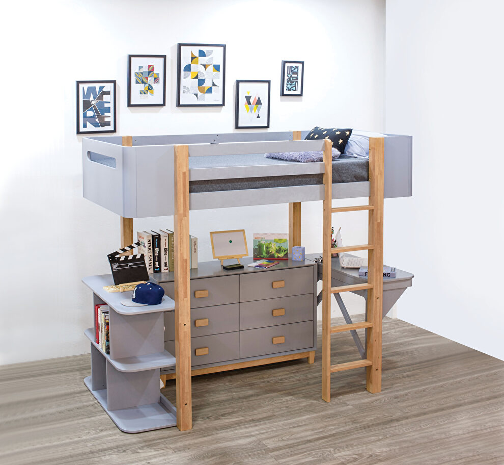 Gray & natural loft bed w/desk & bookshelf by Acme