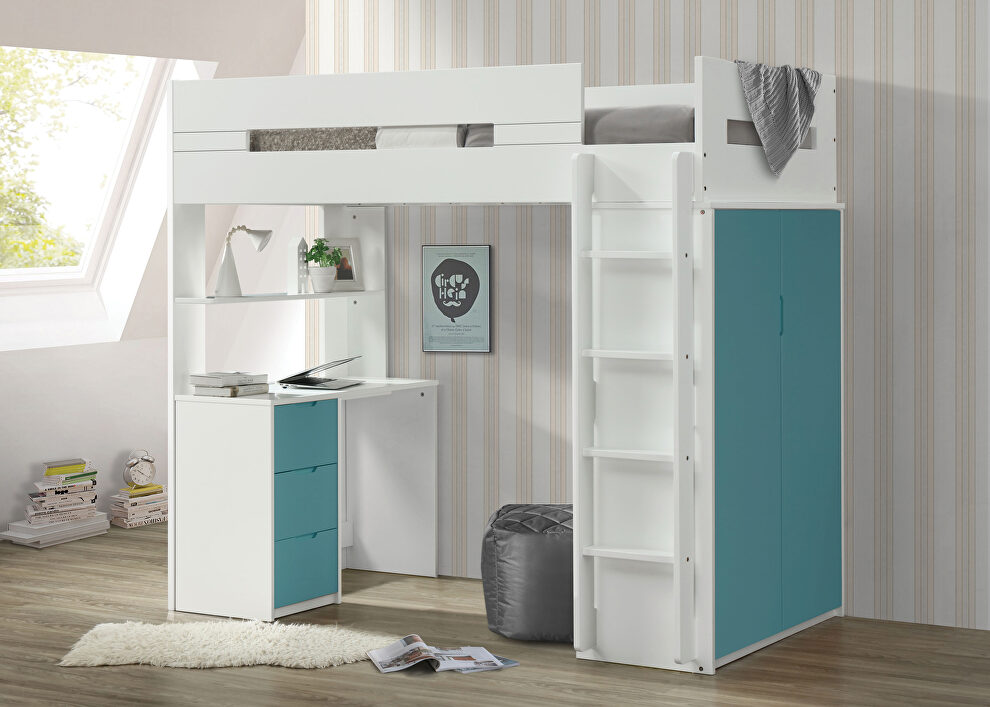 White & teal loft bed by Acme