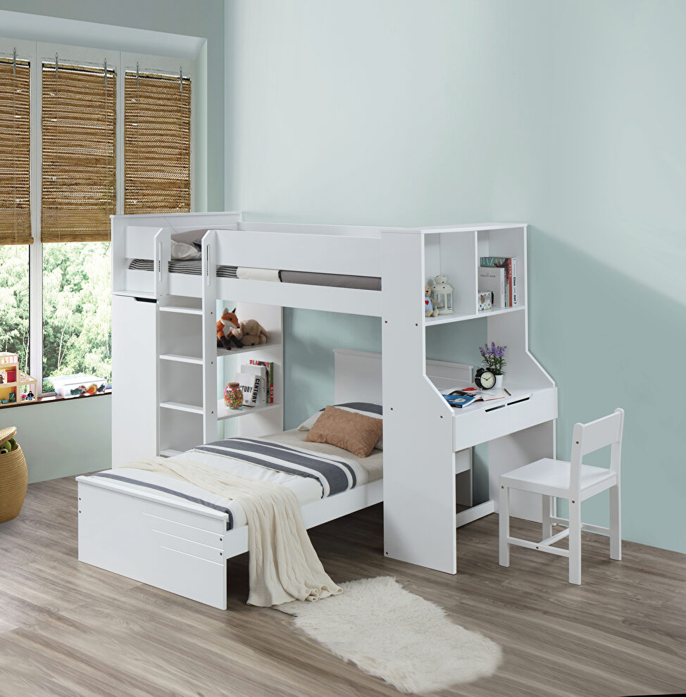 White loft bed, desk, shelves & wardrobe by Acme