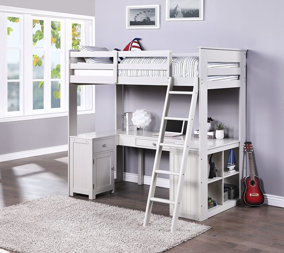 Light gray loft bed w/chest, desk & bookcase by Acme