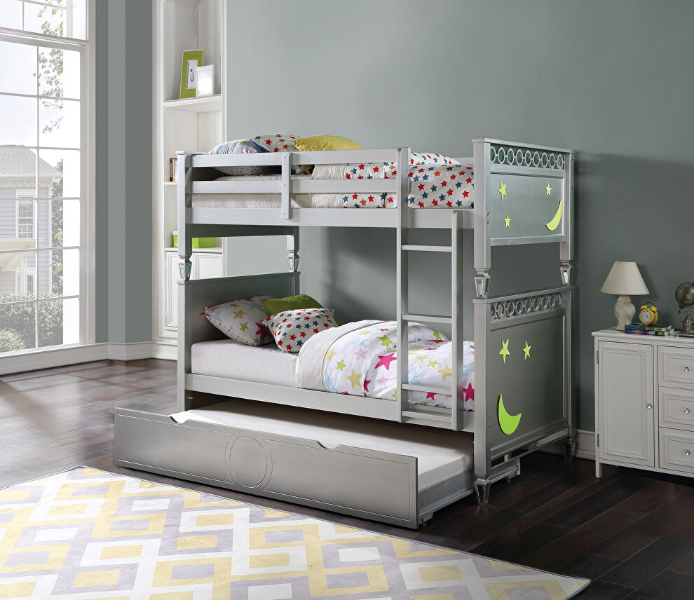 Glimmering silver finish/ stars and moon design twin/twin bunk bed by Acme
