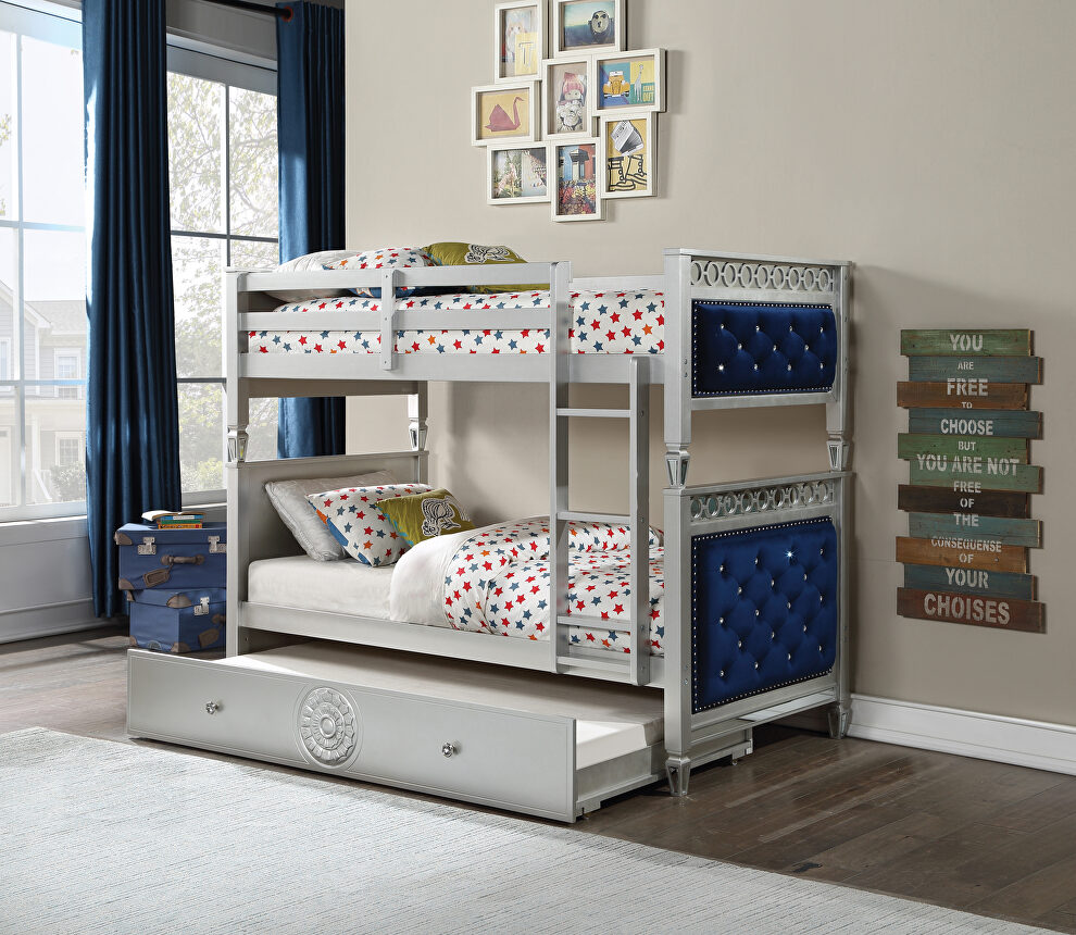 Blue velvet upholstery & silver finish twin/twin bunk bed by Acme