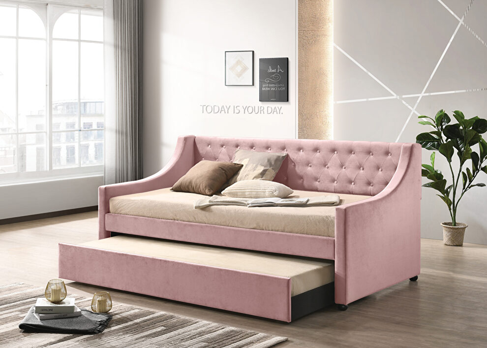 Pink velvet upholstery button tufted twin daybed by Acme
