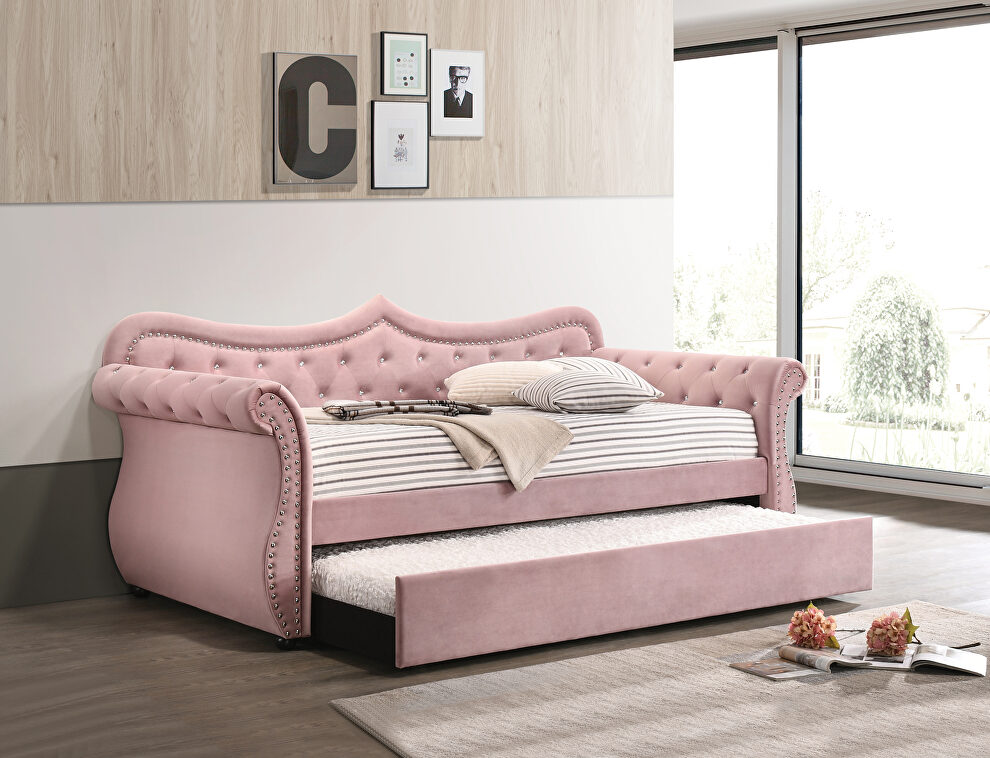 Pink velvet upholstery button tufted and nailhead trim accent daybed by Acme