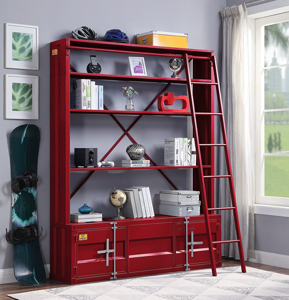 Red finish bookshelf & ladder by Acme