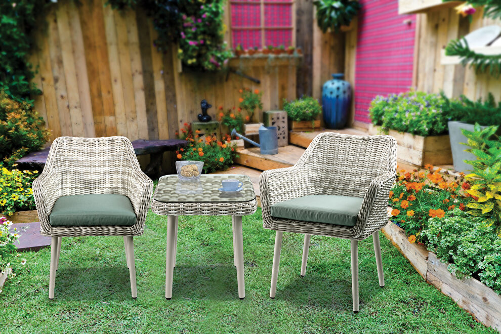 Green fabric & beige wicker 3pc patio bistro set by Acme