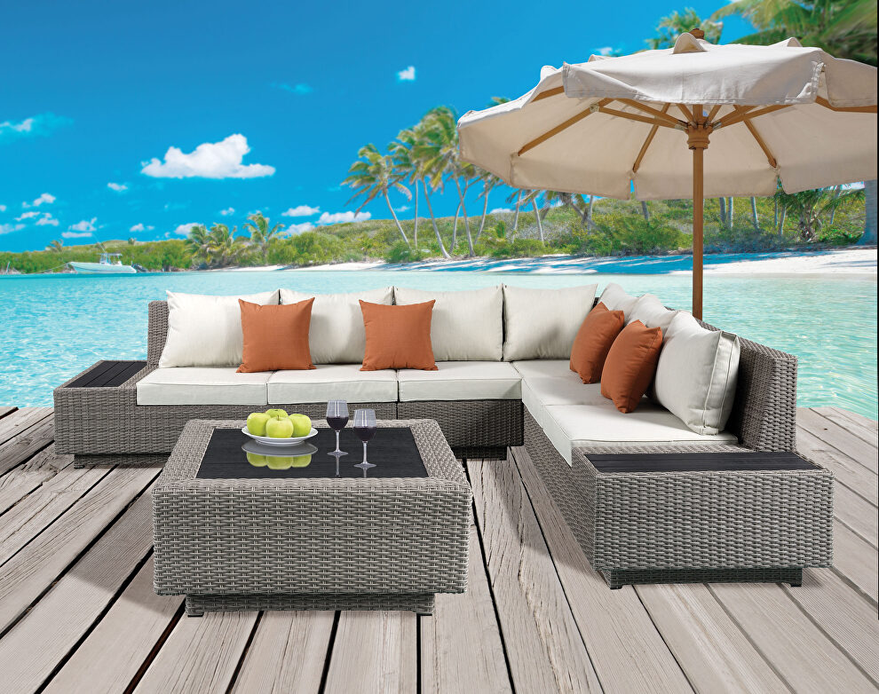 Beige fabric & gray wicker patio sectional & cocktail table by Acme