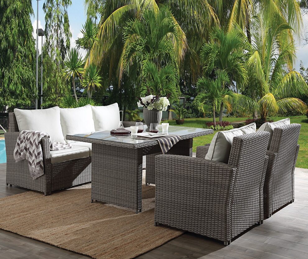 4pc patio set: fabric & 2-tone gray wicker by Acme